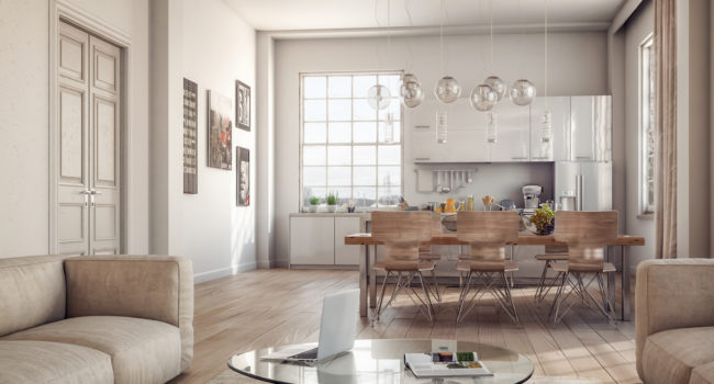 Modern Loft Interior scene - Living room with kitchen.